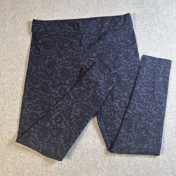 Navy Geometric Damask Print Leggings Mid Rise Stretch Knit Ankle Length Sz M - Picture 3 of 8